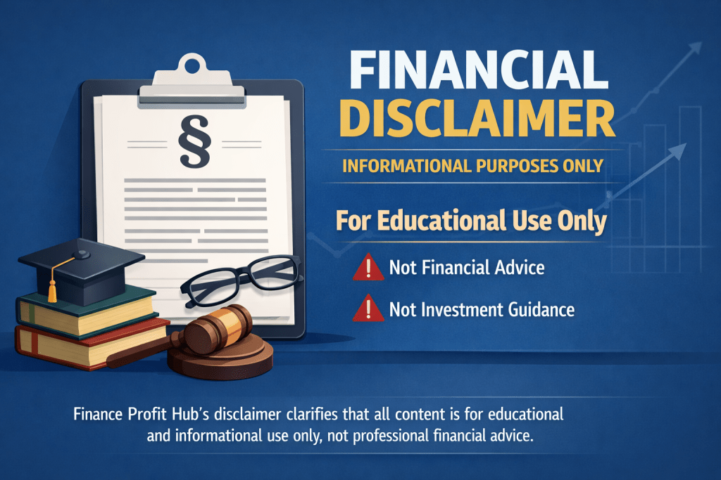 Graphic showing legal document icon and disclaimer text about educational financial content