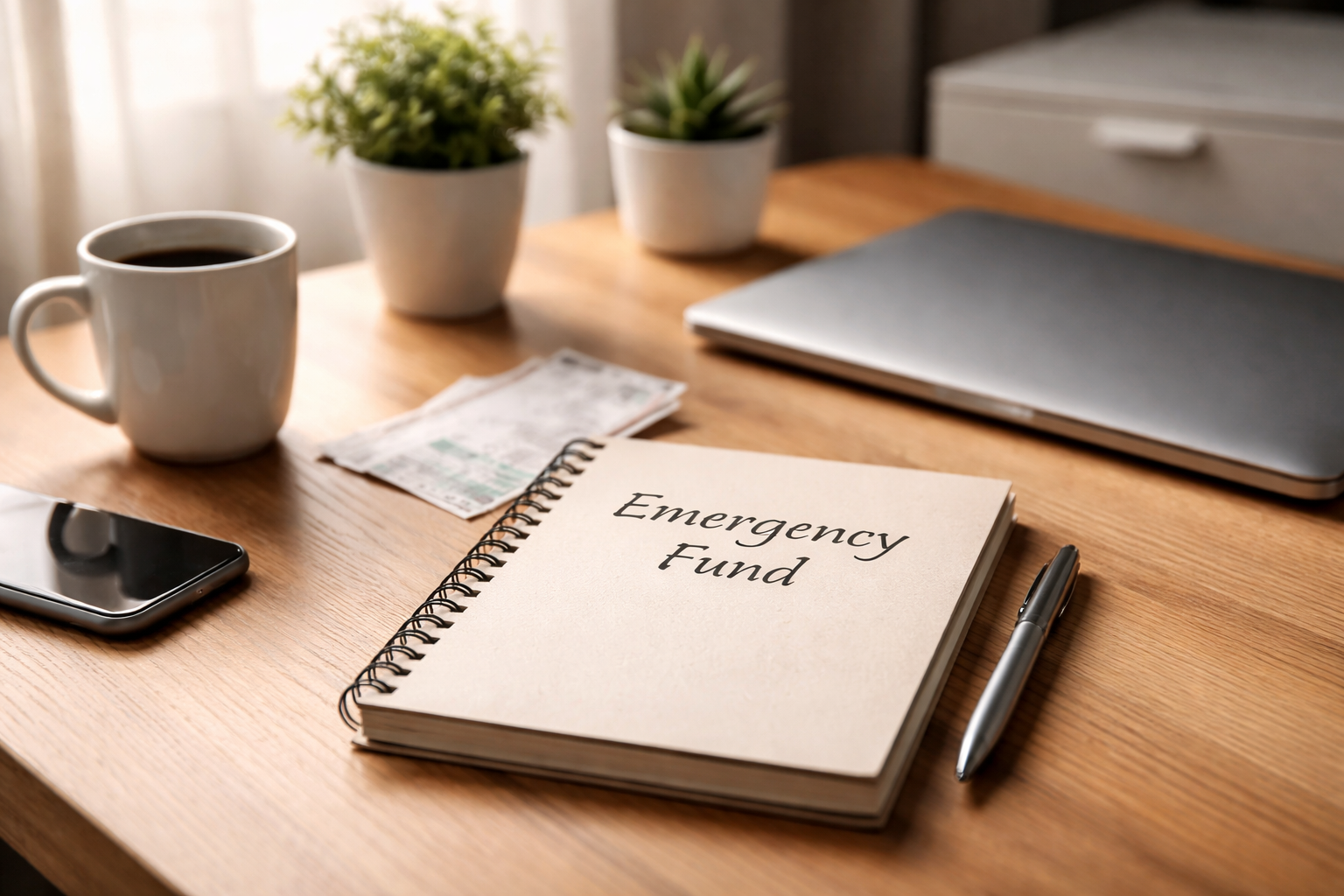 A clean home workspace with a notebook labeled emergency fund, representing how to build and maintain an emergency savings fund for financial stability.