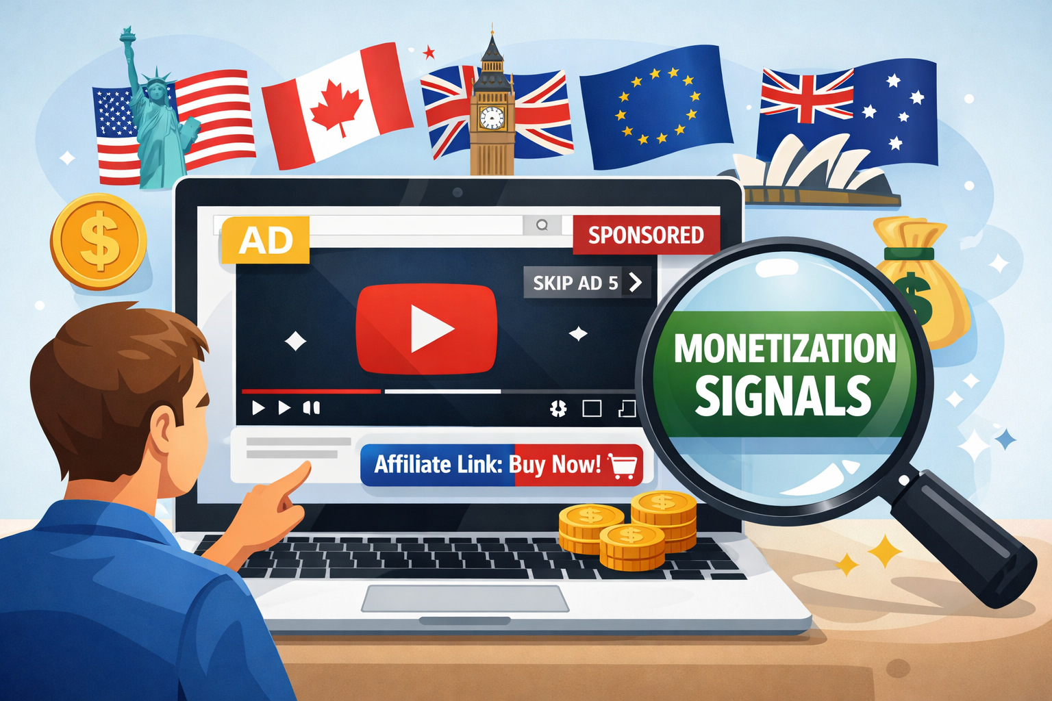 Illustration of a person analyzing a YouTube video on a laptop with ad icons, sponsorship banners, and affiliate links, representing monetization signals.