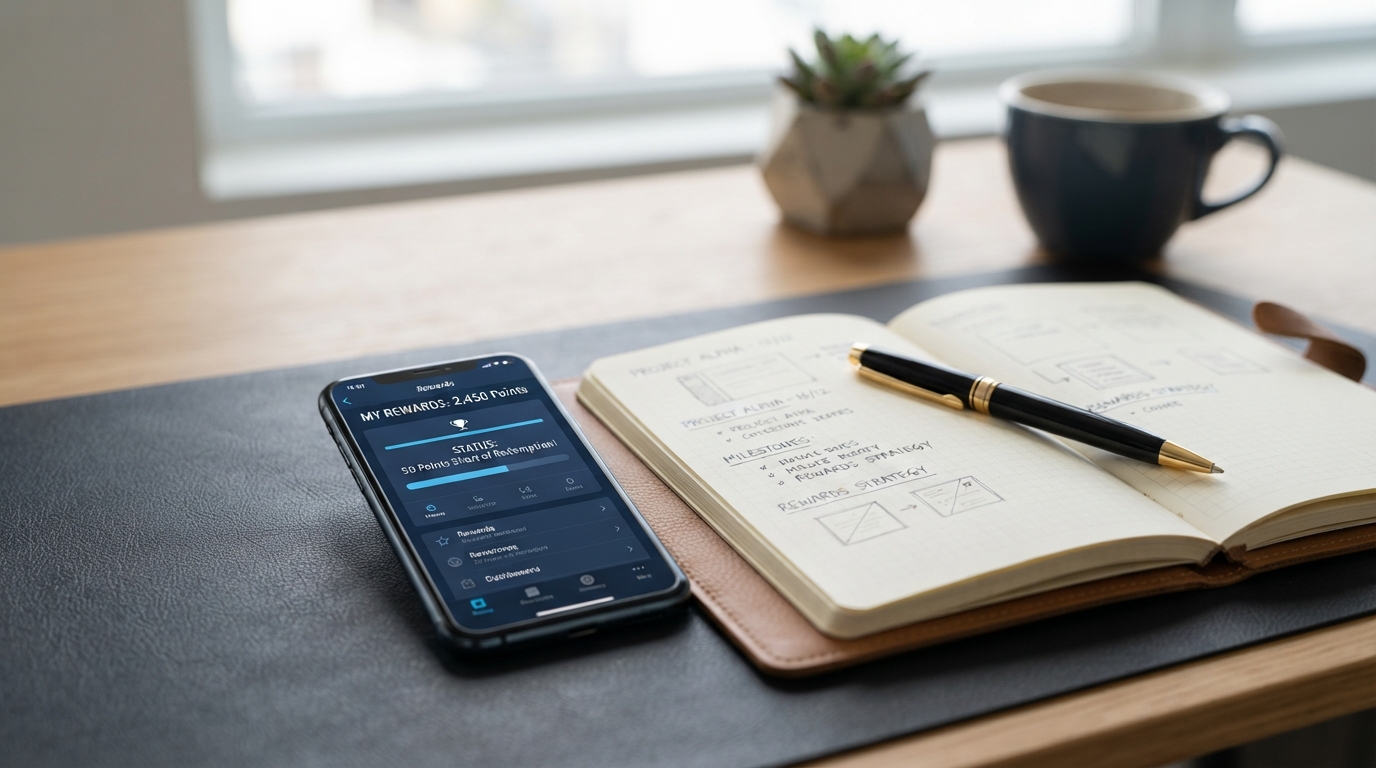 Smartphone displaying a rewards app dashboard and pending balance on a desk