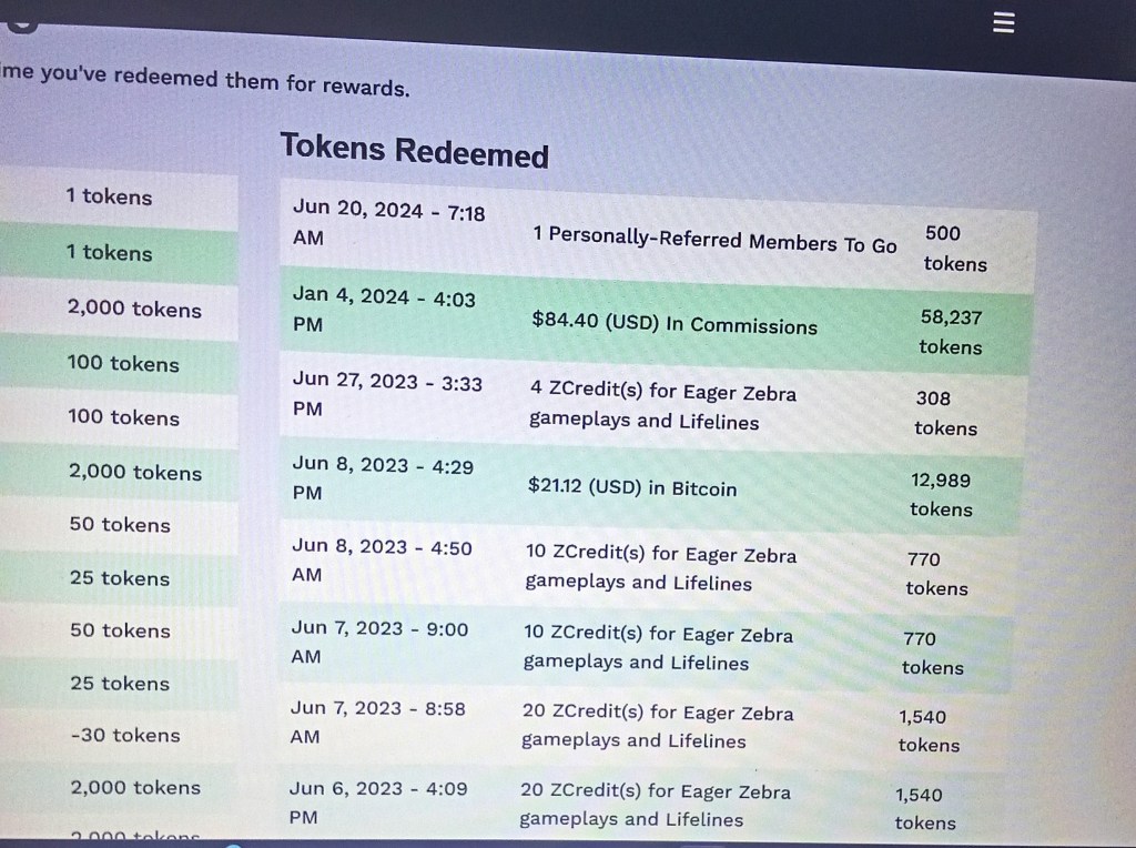 SFI historical ledger screen showing Bitcoin and USD commission payouts and token redemptions