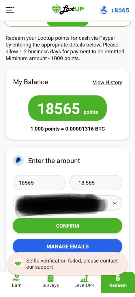 LootUp mobile app screen showing a selfie verification failed error notification