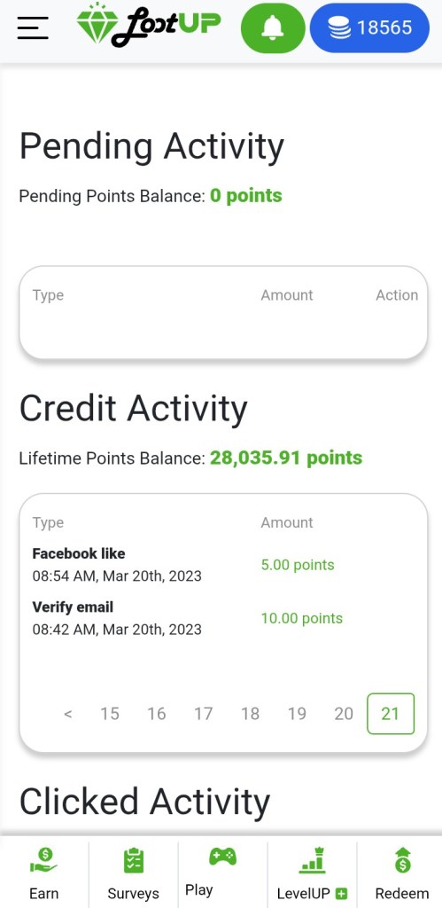 LootUp mobile dashboard showing an accumulated balance of 18,565 points