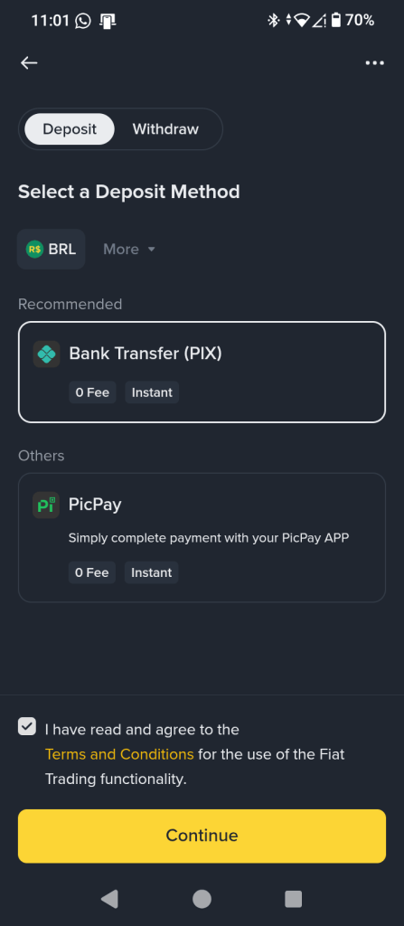 Binance app screen showing zero-fee instant Bank Transfer PIX deposit option in Brazil