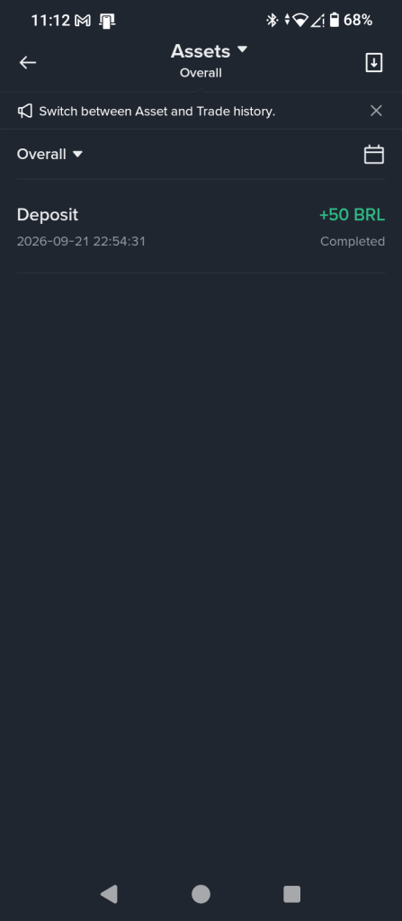 Binance overall asset and trade history showing completed 50 BRL deposit timestamp